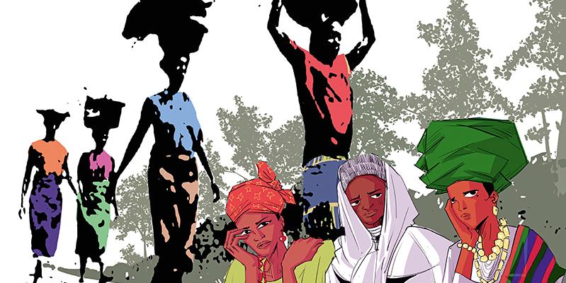 Zeichnung mit Frauen, die Lasten auf dem Kopf tragen