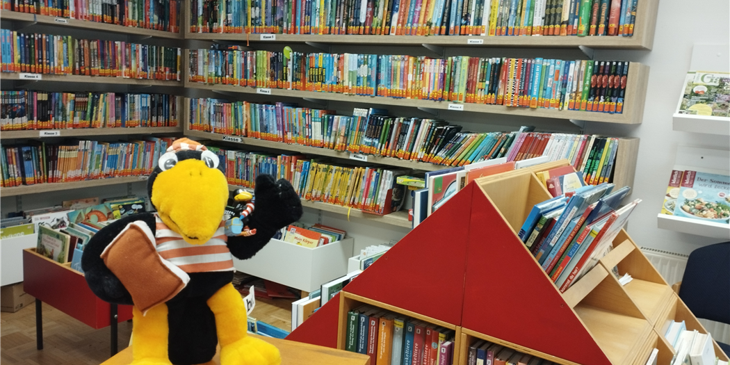 Rabe Fridolin vor Bücherregal