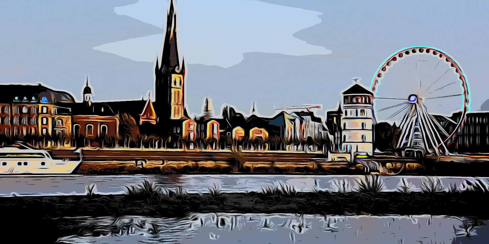 Rheinfront der Düsseldorfer Altstadt mit St. Lambertus als Comic