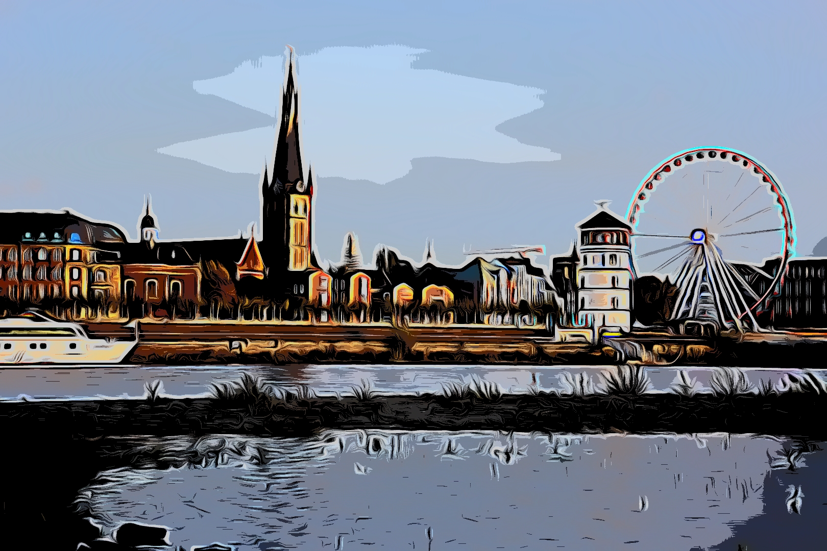 Rheinfront der Düsseldorfer Altstadt mit St. Lambertus als Comic